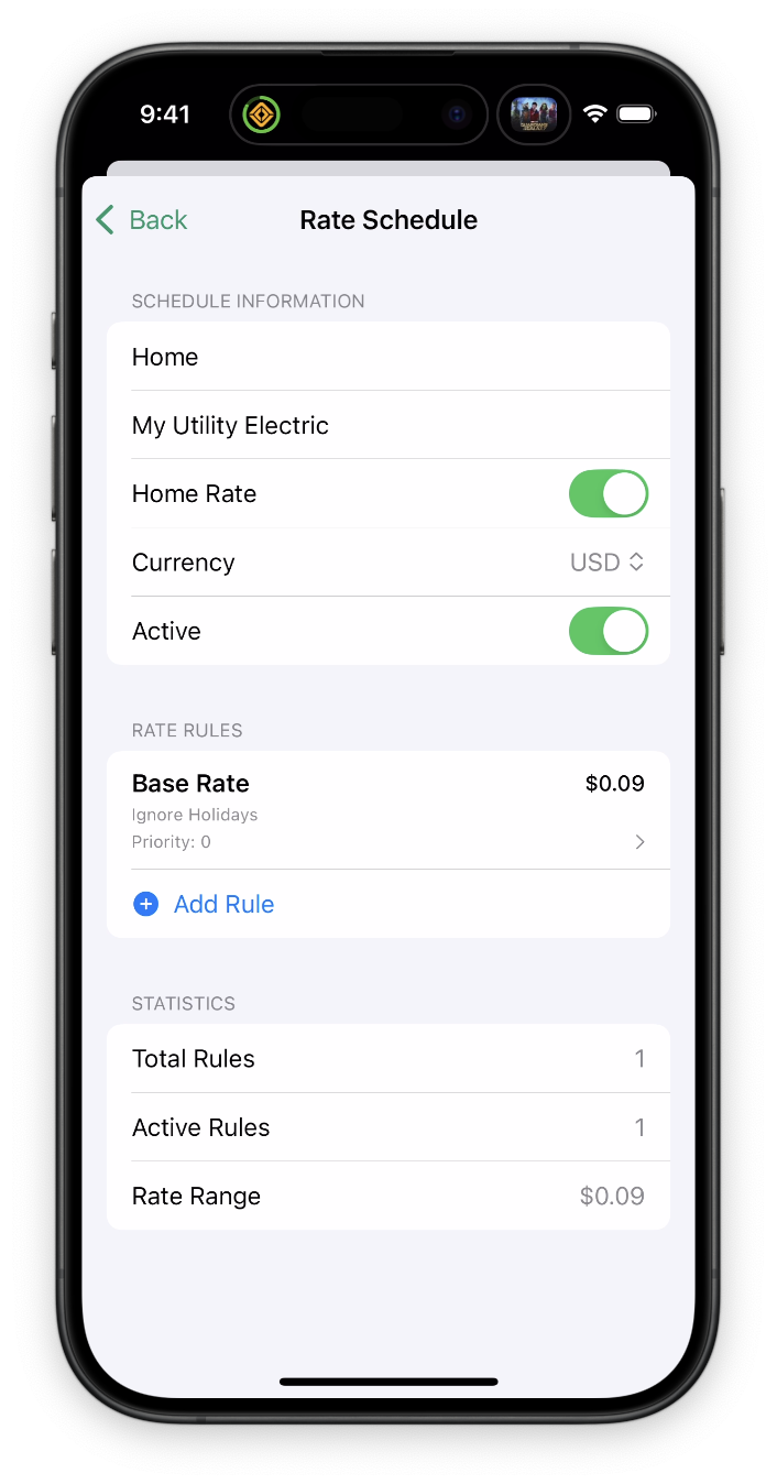 Screenshot of the charging rates editor